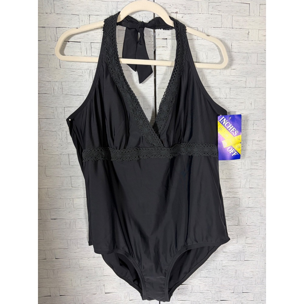 Inches Off Womens Swimsuit One Piece Black Halter Crochet Lace Trim Plus Size